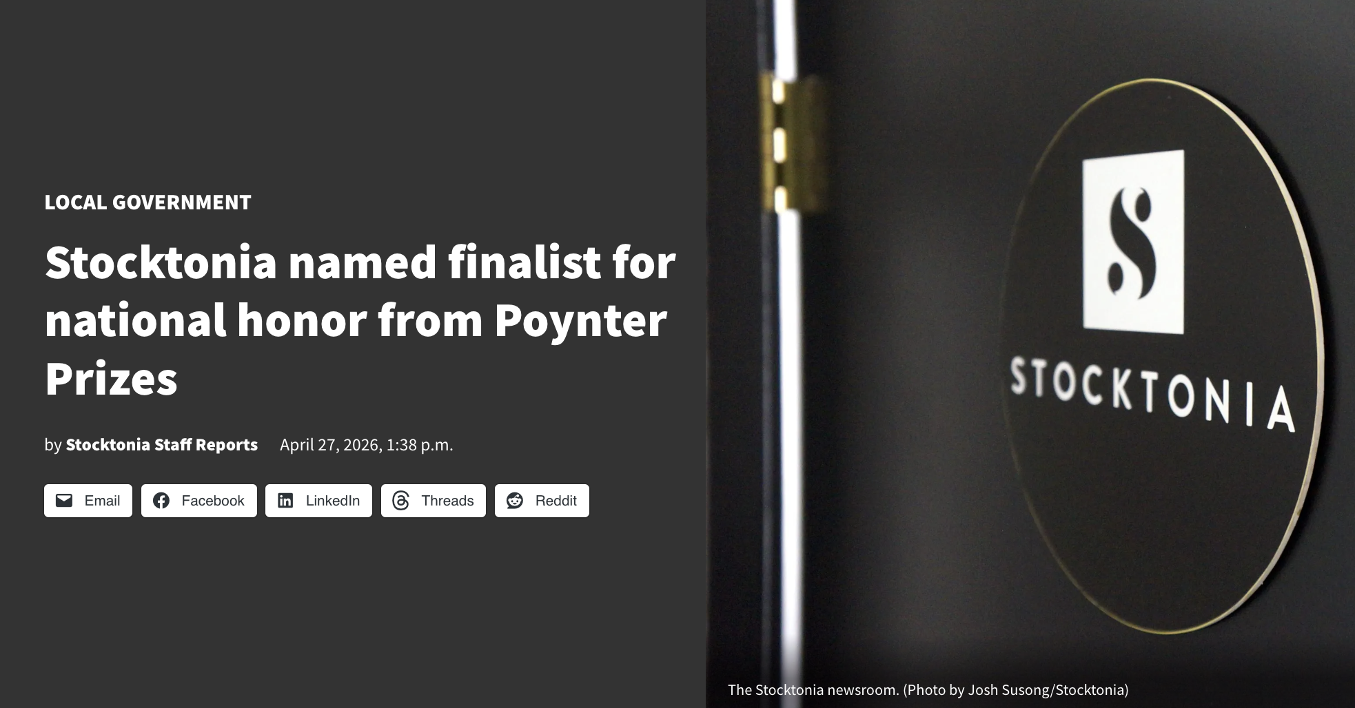 Screenshot of news story about Stocktonia awards